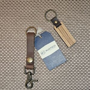 Leather Keychain Super Loop Rustico Brown Antique Brass Clip Snap Bonus Wood Key
